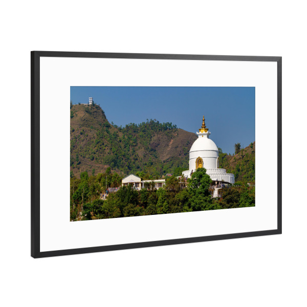 Poster mit Rahmen Schwarz (Metallic) "Welt Friedens Pagode Pokara" artboxONE - Architektur,Reise / Asien