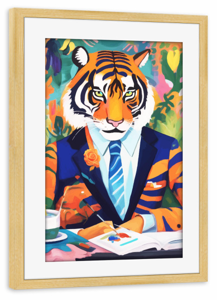 Poster mit Rahmen kiefer "Bunter Tiger im Anzug" artboxONE - Tiere,Lustig