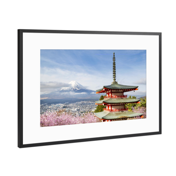 Poster mit Rahmen Schwarz (Metallic) "Fuji mit Pagode zur Kirschblüte" artboxONE - Natur,Reise / Asien