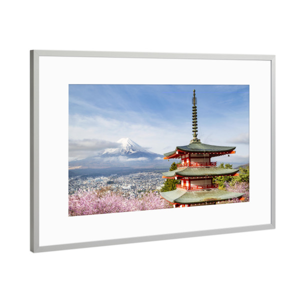 Poster mit Rahmen Silber "Fuji mit Pagode zur Kirschblüte" artboxONE - Natur,Reise / Asien