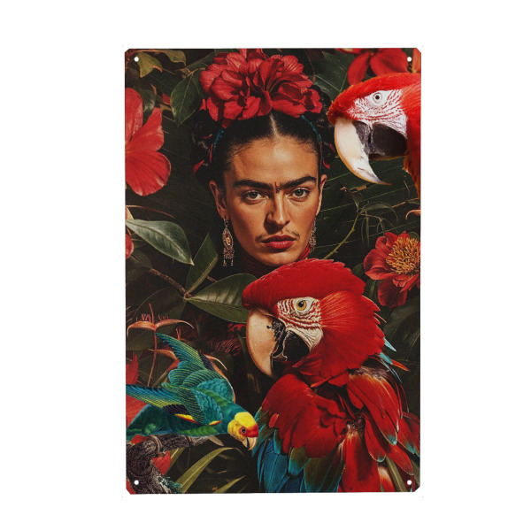 Holzbild "Frida and the birds" artboxONE - Natur,Floral,Tiere - Frida kahlo,Tropical,Modern,Birds,Flowers,Floral,Macaw,Woman,Strong,Feminist