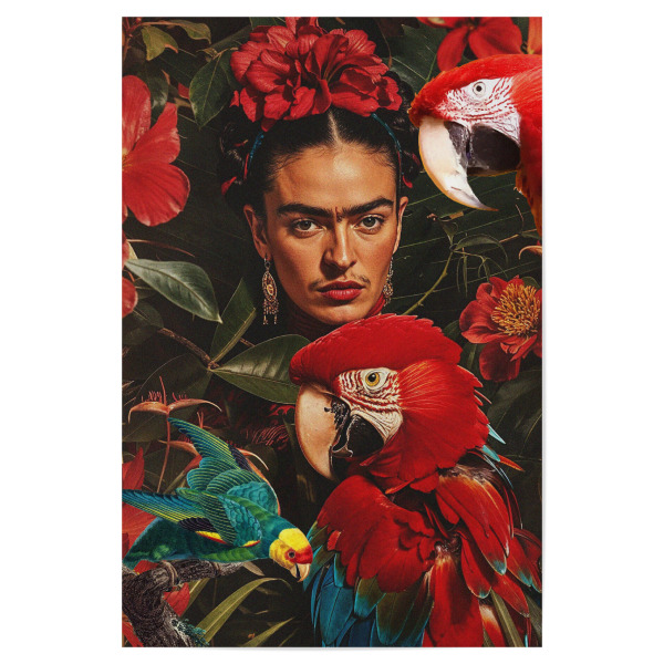 Poster "Frida and the birds" artboxONE - Natur,Floral,Tiere - Frida kahlo,Tropical,Modern,Birds,Flowers,Floral,Macaw,Woman,Strong,Feminist