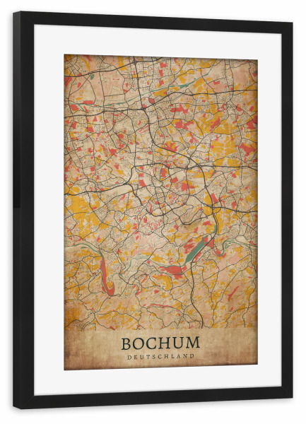 Poster mit Rahmen schwarz "Bochum Retro Map" artboxONE - Städte / Weitere,Kartografie