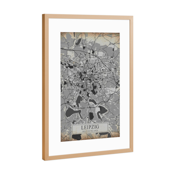 Poster mit Rahmen Kupfer "Vintage City Leipzig" artboxONE - Schwarzweiß,Städte / Weitere,Kartografie
