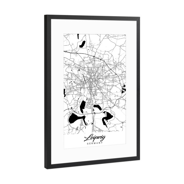 Poster mit Rahmen Schwarz (Metallic) "Leipzig City Map" artboxONE - Schwarzweiß,Städte / Weitere,Kartografie