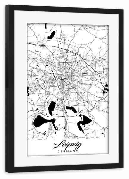 Poster mit Rahmen schwarz "Leipzig City Map" artboxONE - Schwarzweiß,Städte / Weitere,Kartografie