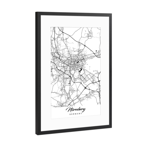 Poster mit Rahmen Schwarz (Metallic) "Nürnberg City Map" artboxONE - Schwarzweiß,Städte / Weitere,Kartografie
