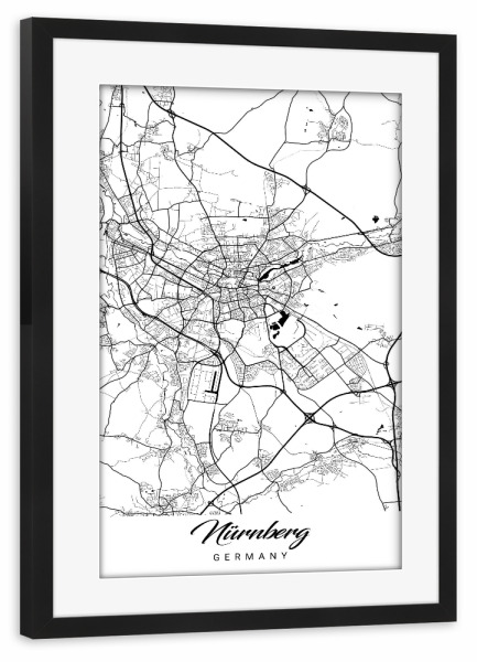 Poster mit Rahmen schwarz "Nürnberg City Map" artboxONE - Schwarzweiß,Städte / Weitere,Kartografie