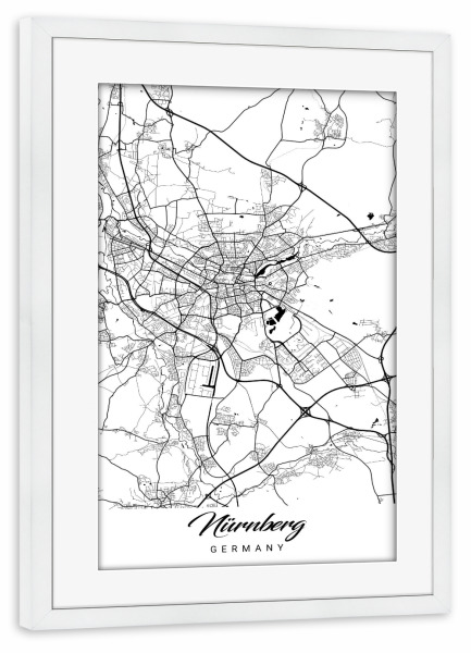 Poster mit Rahmen weiß "Nürnberg City Map" artboxONE - Schwarzweiß,Städte / Weitere,Kartografie