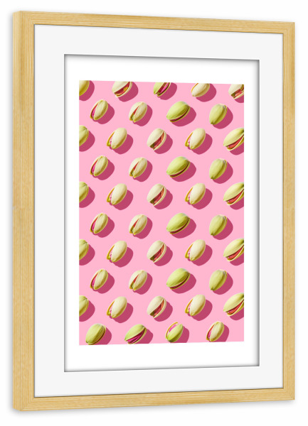 Poster mit Rahmen kiefer "Malou Studio-Pistazien auf Rosa" artboxONE - Essen & Trinken - Pistazie,Muster,Nuss,Snack,Essen,Naschen,Food