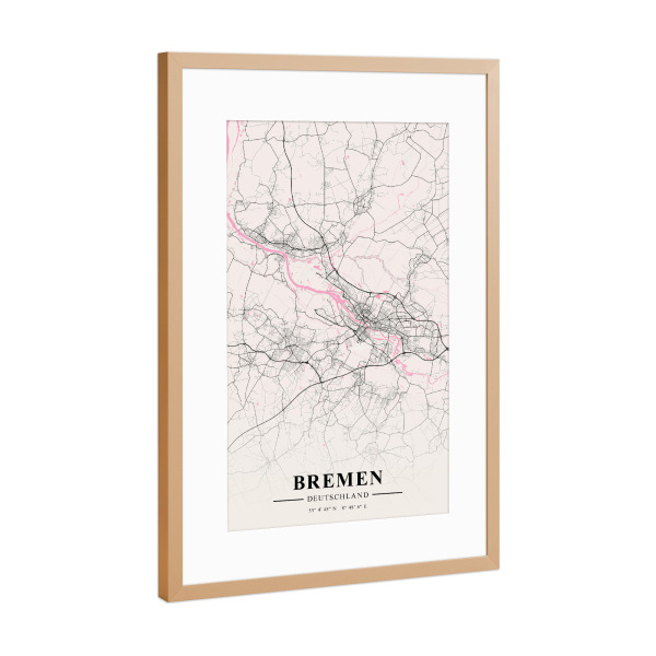 Poster mit Rahmen Kupfer "City Bremen Map" artboxONE - Schwarzweiß,Städte / Weitere,Kartografie