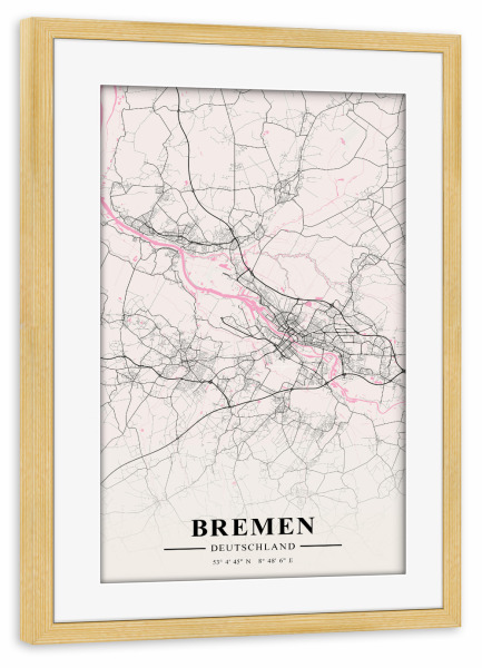 Poster mit Rahmen kiefer "City Bremen Map" artboxONE - Schwarzweiß,Städte / Weitere,Kartografie