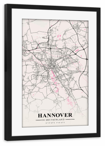 Poster mit Rahmen schwarz "Stadt Hannover" artboxONE - Schwarzweiß,Städte / Weitere,Kartografie