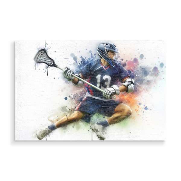 Holzbild "Lacrosse-Spieler-W" artboxONE - Sport,Sport / Motivation - Sport,Sportler,Farbe,Bunt,Spieler,Aquarell,Lacrosse,Ball,Schläger