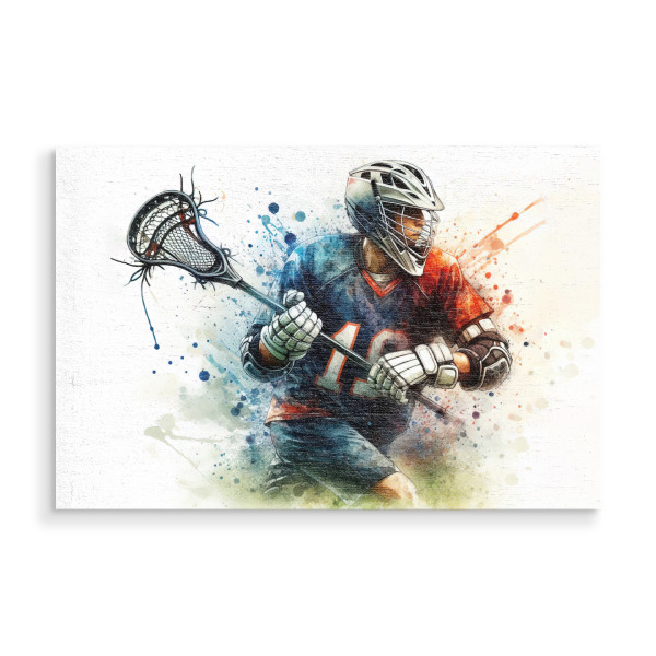 Holzbild "Lacrosse-Spieler-Y" artboxONE - Sport,Sport / Motivation - Sport,Sportler,Farbe,Bunt,Spieler,Aquarell,Lacrosse,Ball,Schläger