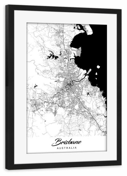 Poster mit Rahmen schwarz "Brisbane City Map" artboxONE - Schwarzweiß,Städte / Weitere,Kartografie