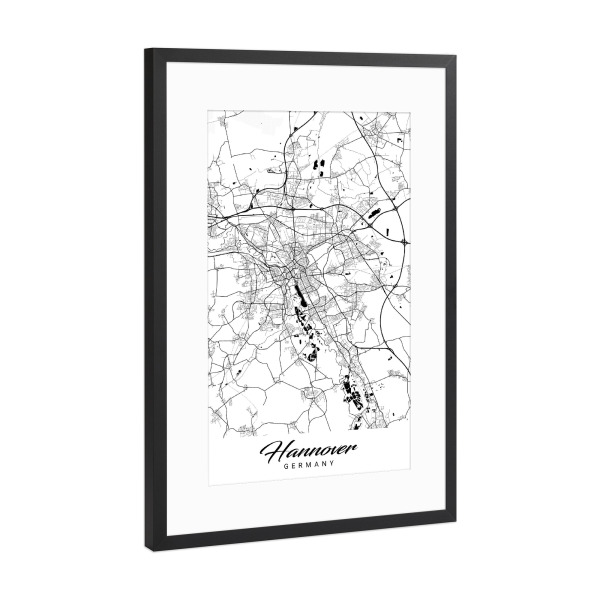 Poster mit Rahmen Schwarz (Metallic) "Hannover City Map" artboxONE - Schwarzweiß,Städte / Weitere,Kartografie