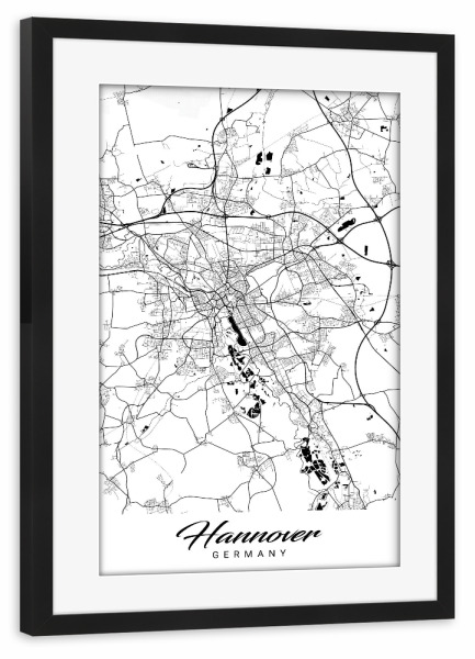 Poster mit Rahmen schwarz "Hannover City Map" artboxONE - Schwarzweiß,Städte / Weitere,Kartografie