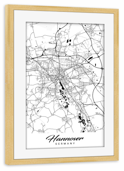Poster mit Rahmen kiefer "Hannover City Map" artboxONE - Schwarzweiß,Städte / Weitere,Kartografie
