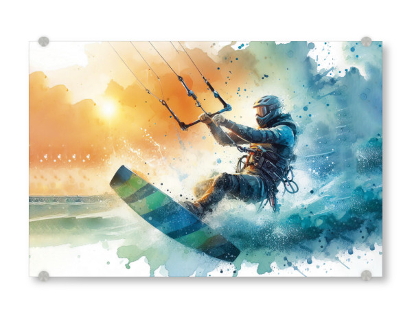 Acrylglasbild "Kitesurfen in Aquarell B" artboxONE - Sport,Sport / Motivation - Sport,Sportler,Farbe,Aquarell,Zeichnung,Aktion,Meer,Surfen,Surfdrachen
