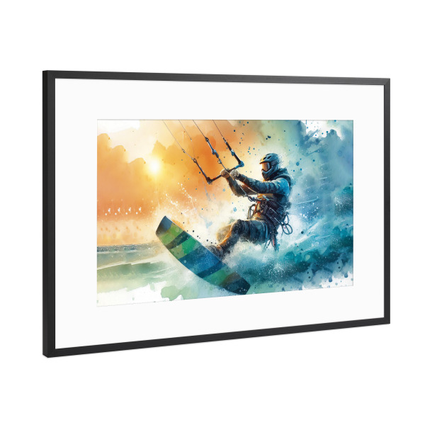 Poster mit Rahmen Schwarz (Metallic) "Kitesurfen in Aquarell B" artboxONE - Sport,Sport / Motivation