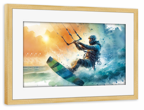 Poster mit Rahmen kiefer "Kitesurfen in Aquarell B" artboxONE - Sport,Sport / Motivation