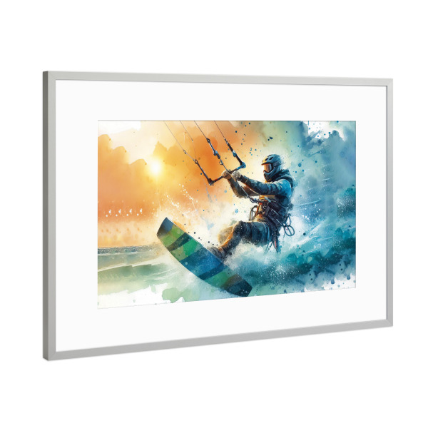 Poster mit Rahmen Silber "Kitesurfen in Aquarell B" artboxONE - Sport,Sport / Motivation