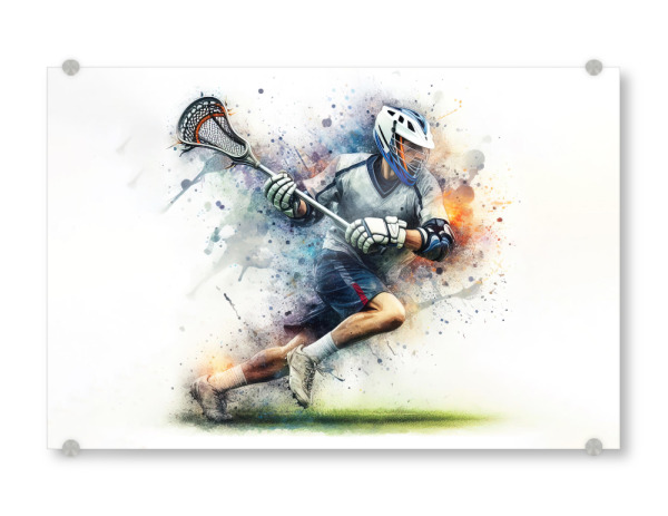 Acrylglasbild "Lacrosse-Spieler Z" artboxONE - Sport,Sport / Motivation - Sport,Sportler,Farbe,Bunt,Spieler,Aquarell,Lacrosse,Ball,Schläger