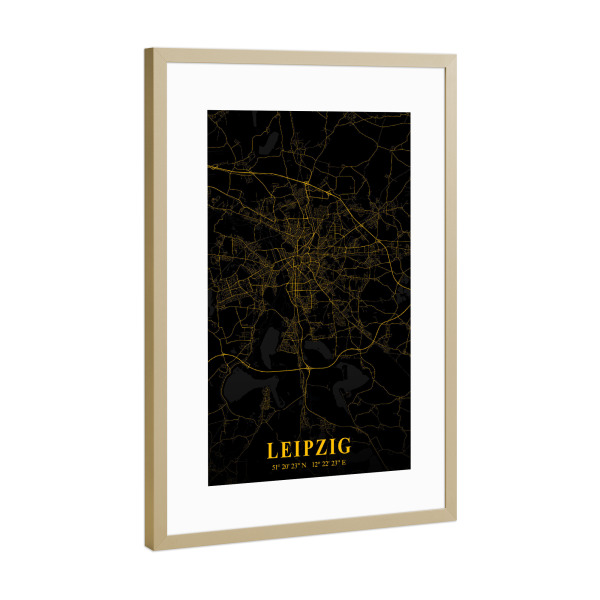 Poster mit Rahmen Gold "Leipzig Stadtkarte" artboxONE - Städte / Weitere,Kartografie