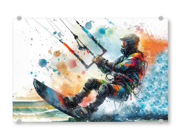 Acrylglasbild "Kitesurfen in Aquarell" artboxONE - Sport,Sport / Motivation - Sport,Sportler,Farbe,Aquarell,Zeichnung,Aktion,Meer,Surfen,Surfdrachen