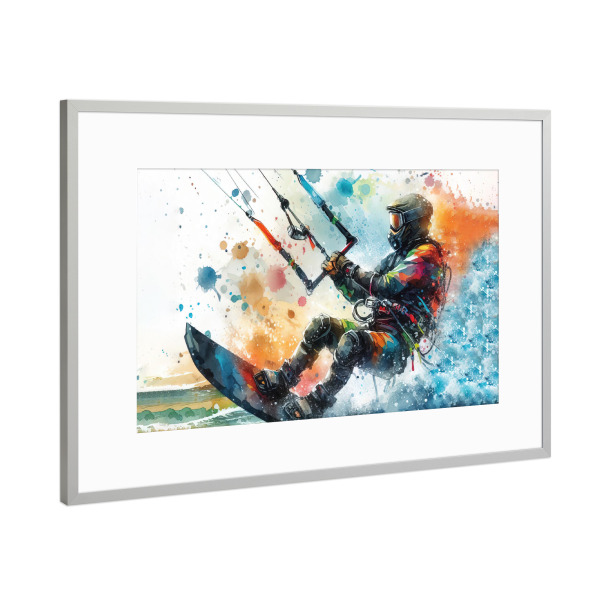 Poster mit Rahmen Silber "Kitesurfen in Aquarell" artboxONE - Sport,Sport / Motivation