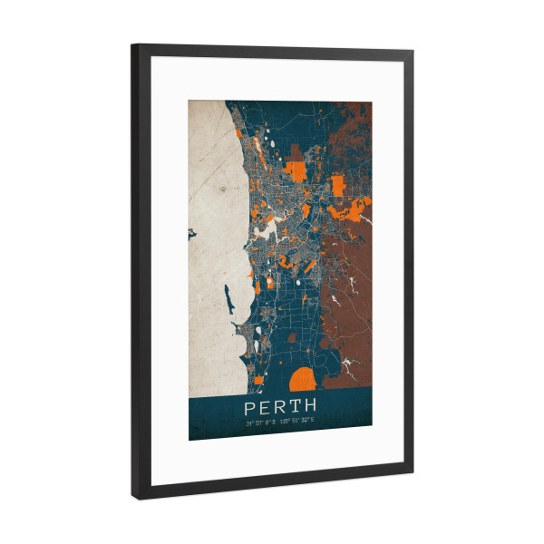 Poster mit Rahmen Schwarz (Metallic) "Perth Vintage Map" artboxONE - Städte / Weitere,Kartografie