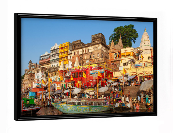 Poster mit schwarzem Rahmen "Tempel Ghats am Ganges" artboxONE - Architektur,Reise / Asien