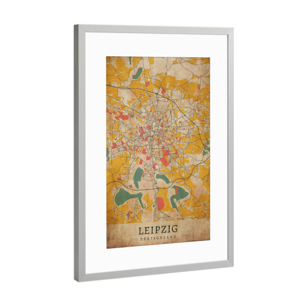 Poster mit Rahmen Silber "Retro Map Leipzig" artboxONE - Städte / Weitere,Kartografie