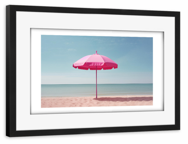 Poster mit Rahmen schwarz "Malou Studio-Pink Parasol" artboxONE - Natur,Reise,Für Mama - Strand,Sonnenschirm,Sommer,Barbie,Sand,Urlaub,Pink_(farbe)