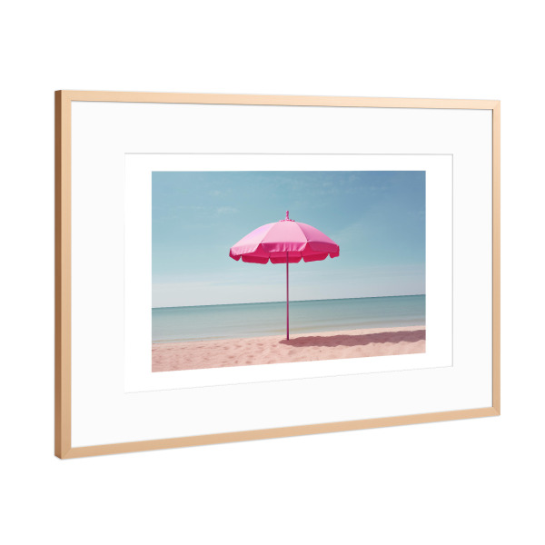 Poster mit Rahmen Kupfer "Malou Studio-Pink Parasol" artboxONE - Natur,Reise,Für Mama - Strand,Sonnenschirm,Sommer,Barbie,Sand,Urlaub,Pink_(farbe)