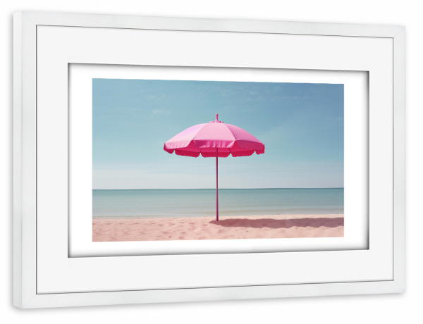 Poster mit Rahmen weiß "Malou Studio-Pink Parasol" artboxONE - Natur,Reise,Für Mama - Strand,Sonnenschirm,Sommer,Barbie,Sand,Urlaub,Pink_(farbe)