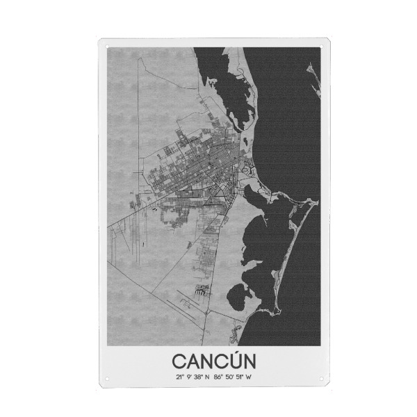 Metall Poster "Cancun Bleistift Map" artboxONE - Schwarzweiß,Städte / Weitere,Kartografie