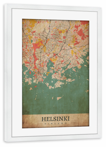 Poster mit Rahmen weiß "Retro Helsinki City" artboxONE - Städte / Weitere,Kartografie