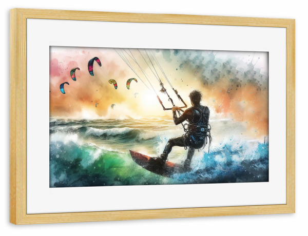 Poster mit Rahmen kiefer "Kitesurfen in Aquarell C" artboxONE - Sport,Sport / Motivation