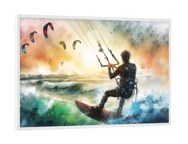 Poster mit weißem Rahmen "Kitesurfen in Aquarell C" artboxONE - Sport,Sport / Motivation