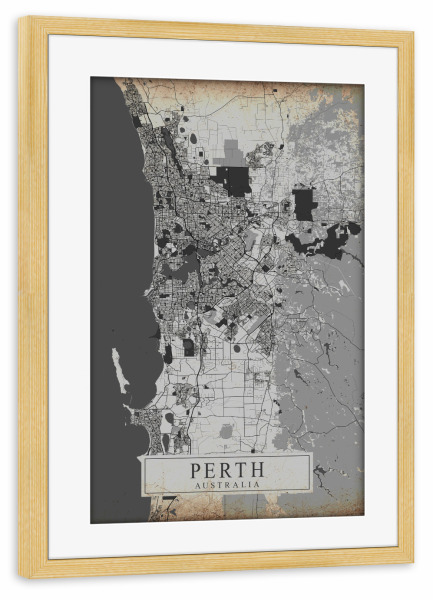 Poster mit Rahmen kiefer "Retro City Perth" artboxONE - Schwarzweiß,Städte / Weitere,Kartografie