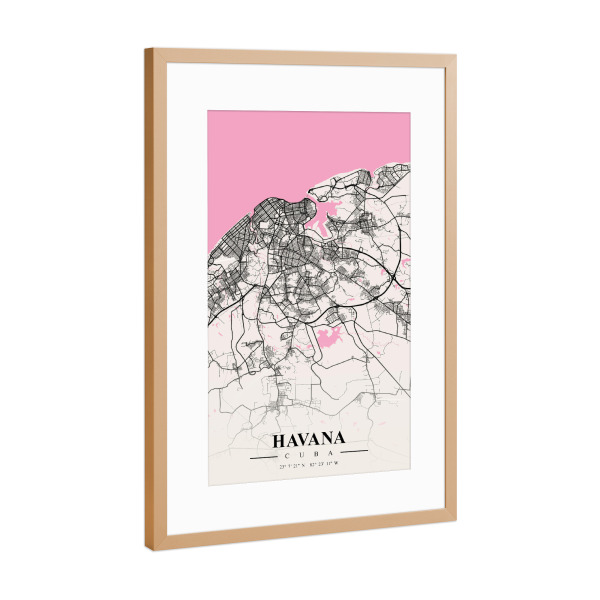 Poster mit Rahmen Kupfer "Map Havanna" artboxONE - Städte / Weitere,Kartografie