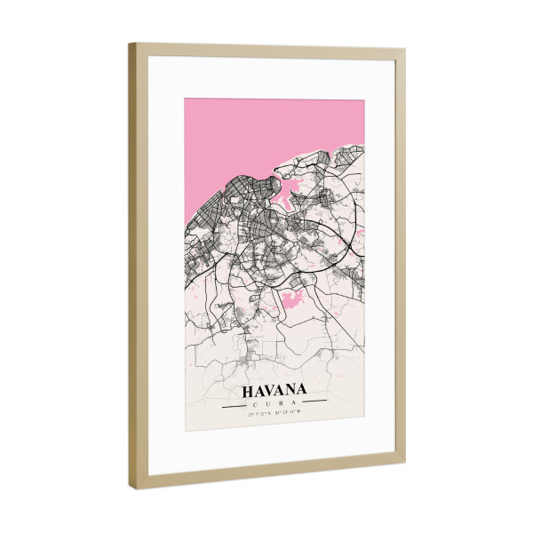 Poster mit Rahmen Gold "Map Havanna" artboxONE - Städte / Weitere,Kartografie