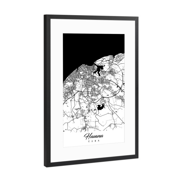 Poster mit Rahmen Schwarz (Metallic) "Havanna City Map" artboxONE - Schwarzweiß,Städte / Weitere,Kartografie