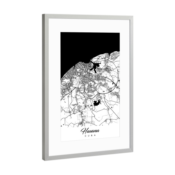 Poster mit Rahmen Silber "Havanna City Map" artboxONE - Schwarzweiß,Städte / Weitere,Kartografie