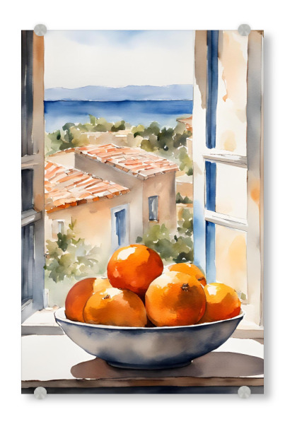 Acrylglasbild "Orangen in Schale in Fenster" artboxONE - Natur,Reise,Reise / Strand und Meer,Essen & Trinken / Obst & Gemüse