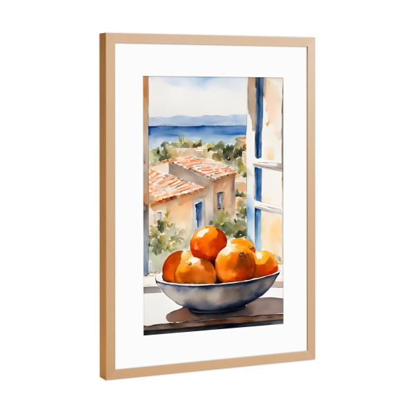 Poster mit Rahmen Kupfer "Orangen in Schale in Fenster" artboxONE - Natur,Reise,Reise / Strand und Meer,Essen & Trinken / Obst & Gemüse