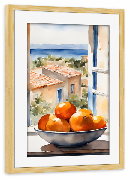 Poster mit Rahmen kiefer "Orangen in Schale in Fenster" artboxONE - Natur,Reise,Reise / Strand und Meer,Essen & Trinken / Obst & Gemüse