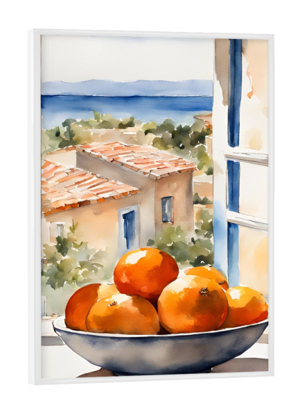 Poster mit weißem Rahmen "Orangen in Schale in Fenster" artboxONE - Natur,Reise,Reise / Strand und Meer,Essen & Trinken / Obst & Gemüse
